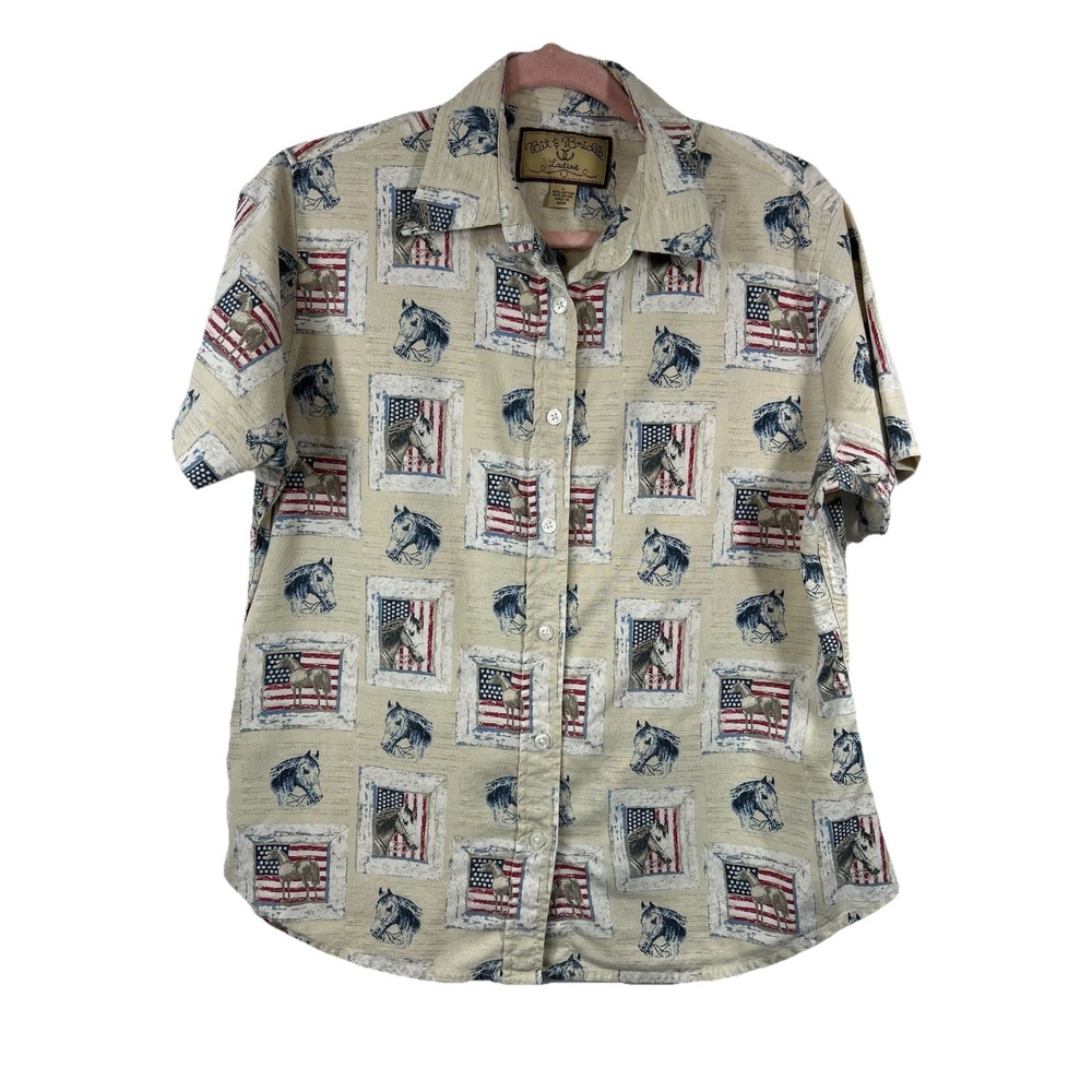 VTG Bit‎ & Bridle Horse Shirt Ladies L 90s Western Cowgirl Farmcore Americana